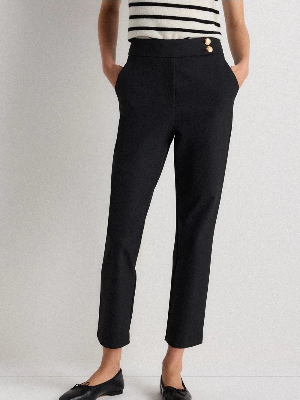 Quince Black Cropped Ankle Pants with Gold Buttons
